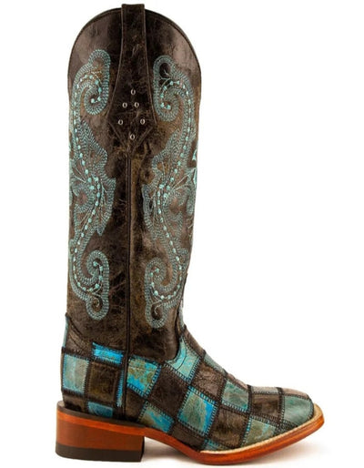 Ferrini Women's Patchwork Square Toe Boots Handcrafted - Black/Teal 1 81393-50-060-B  - from alligatorwarehouse.com