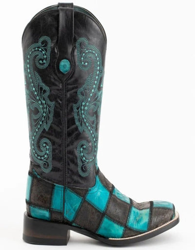 Ferrini Men's Patchwork Square Toe Boots Handcrafted - Black and Teal Boots 1 11393-50-080-D  - from alligatorwarehouse.com