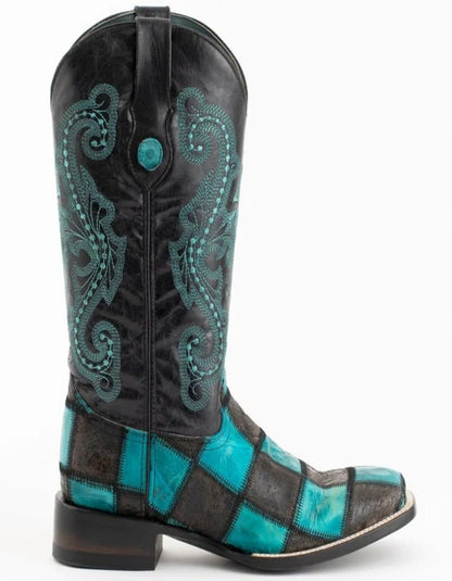 Ferrini Men's Patchwork Square Toe Boots Handcrafted - Black and Teal Boots