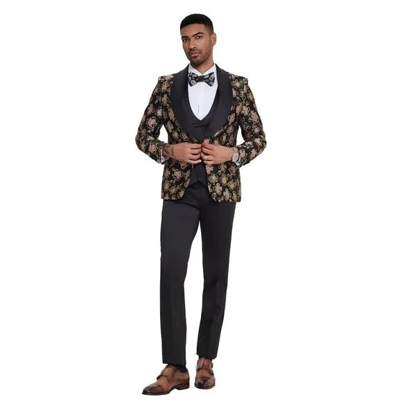 2026 Black & Pink Shiny Floral Mens 3pc Suit by Tazzio