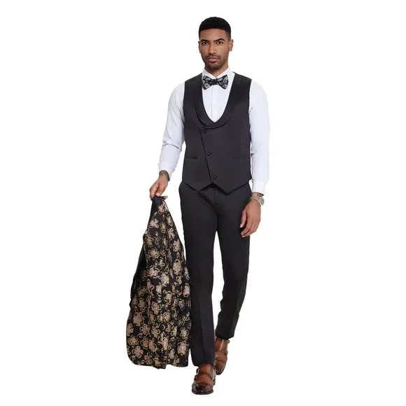 2026 Black & Pink Shiny Floral Mens 3pc Suit by Tazzio