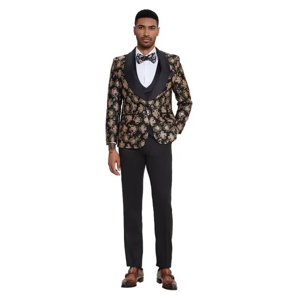 2026 Black & Pink Shiny Floral Mens 3pc Suit by Tazzio