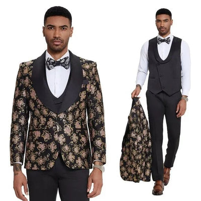 2025 Black & Pink Shiny Floral Mens 3pc Suit by Tazzio 1   - from alligatorwarehouse.com