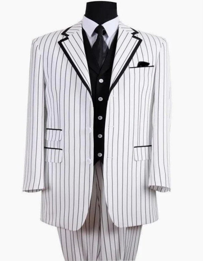 Pleated?ÿDress?ÿMen?ÿSuits - Mens 3 Button Vested Barbershop Quartet White With Black Pinstripes