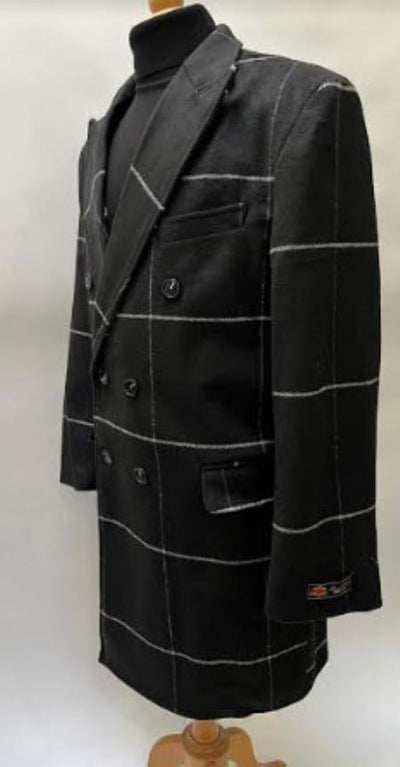 Black Plaid Overcoat - Topcoat With WindowPane Pattern Double Breasted Style 2   - from alligatorwarehouse.com