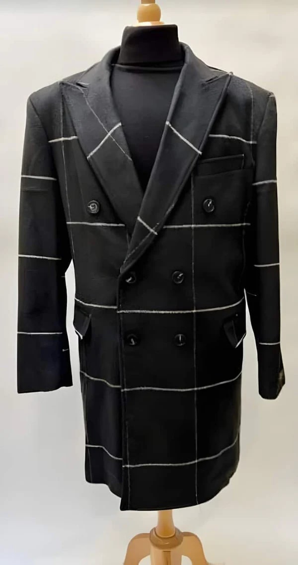 Mens Plaid Overcoat - Houndstooth Checker Pattern Black Topcoat