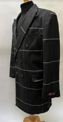 Black Plaid Overcoat - Topcoat With WindowPane Pattern Double Breasted Style