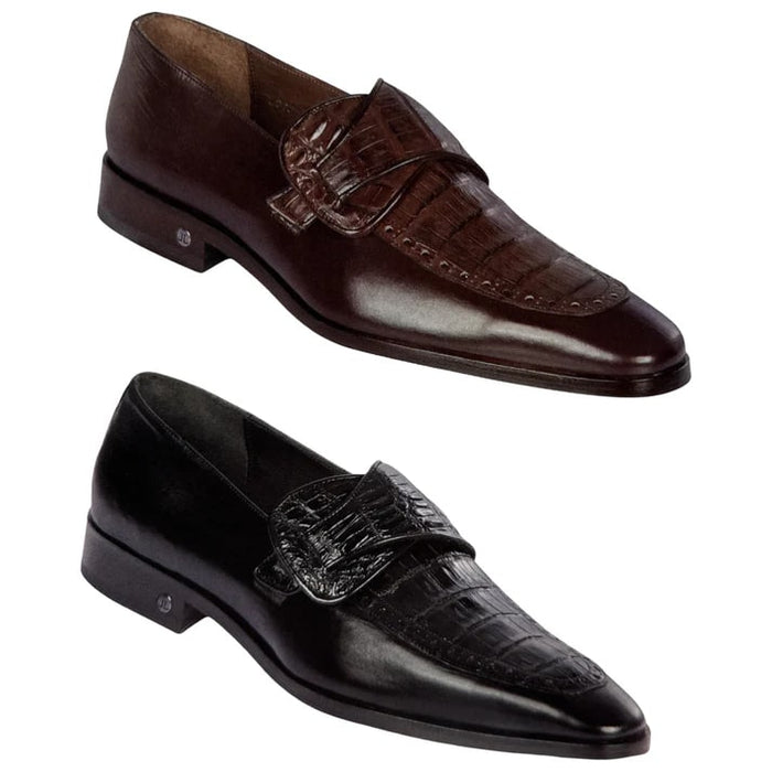 Lombardy Men’s Caiman Belly and Calfskin Monkstrap Dress Shoes, Black and Brown Exotic Formal Shoes