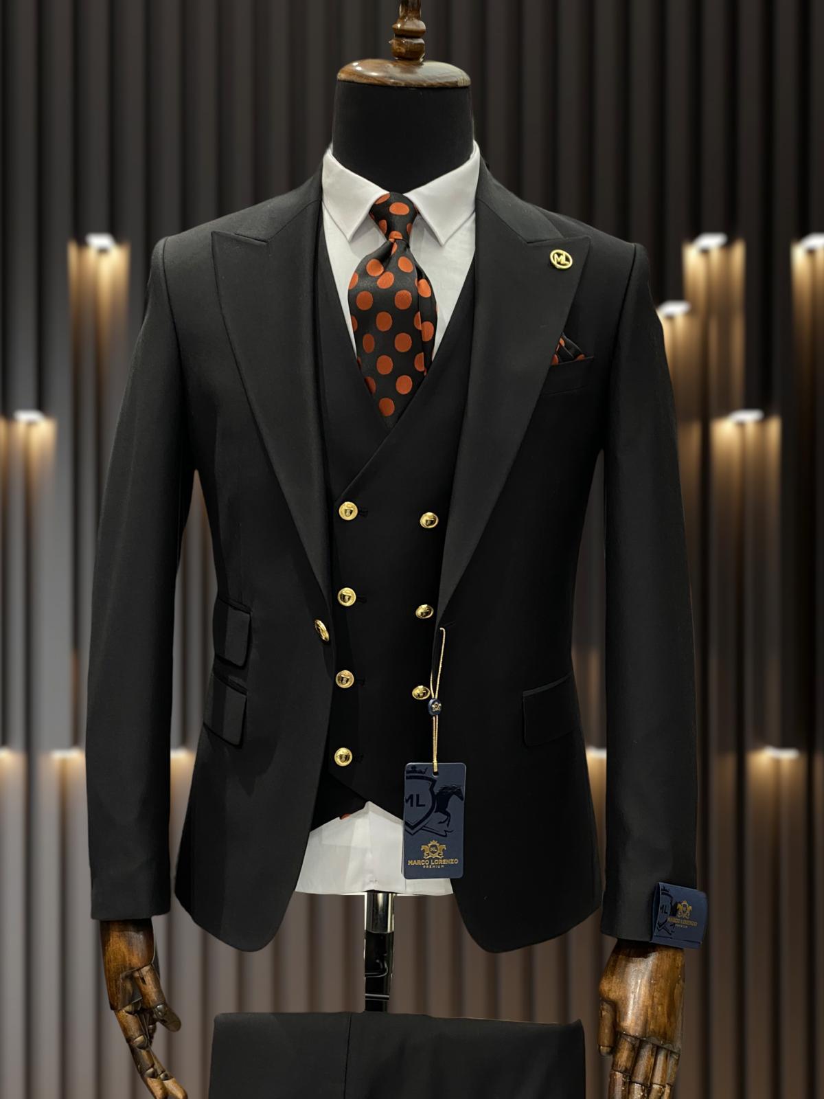 Ivory and Gold Button Wedding Suit - Off White Cream Peak Lapel with Double breasted Vest