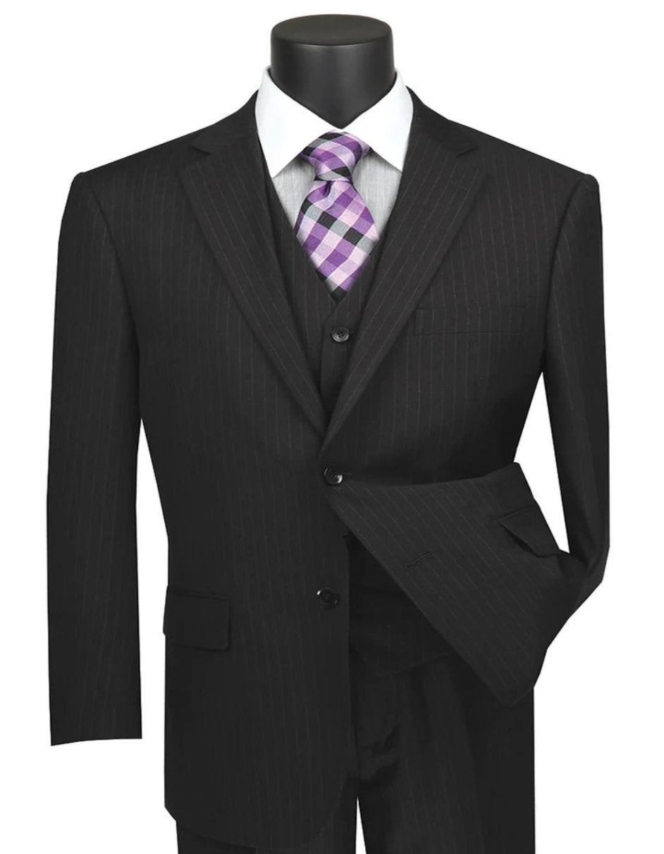 Pleated?ÿDress?ÿMen?ÿSuits - Mens Classic Fit Vested Banker Black Pinstripe Suit