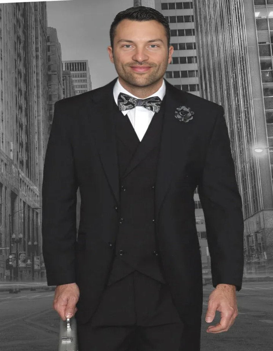 Pleated?ÿDress?ÿMen?ÿSuits - Men's Designer Classic Fit Pleated Pant Wool Double Breasted Black Suit