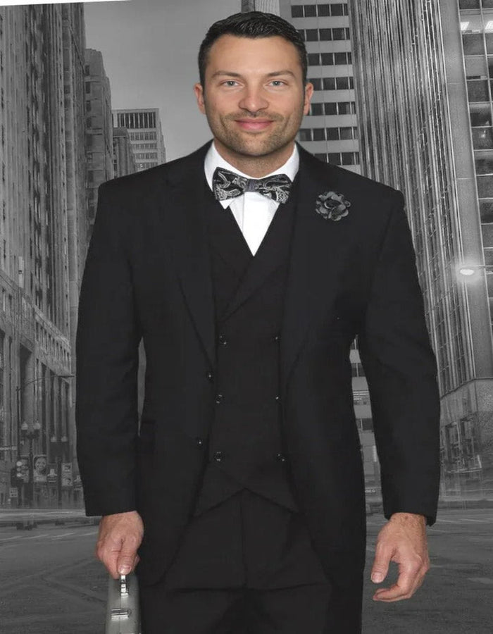 Pleated?ÿDress?ÿMen?ÿSuits - Men's Designer Classic Fit Pleated Pant Wool Double Breasted Black Suit
