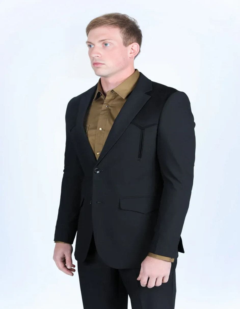 Men's Western Black Suit Sport Coat with Suede Yokes and Elbow Patches 2   - from alligatorwarehouse.com