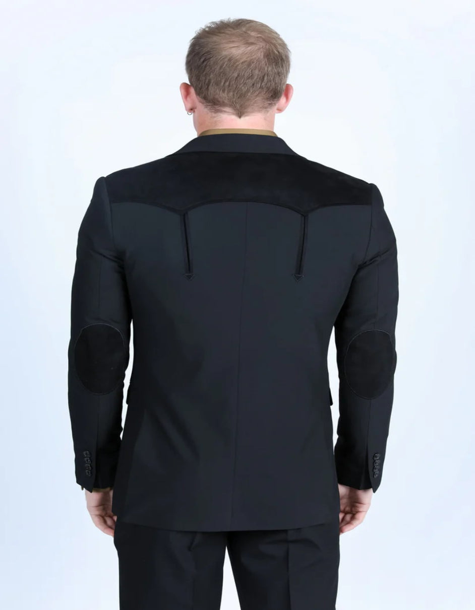Men's Western Black Suit Sport Coat with Suede Yokes and Elbow Patches 3   - from alligatorwarehouse.com