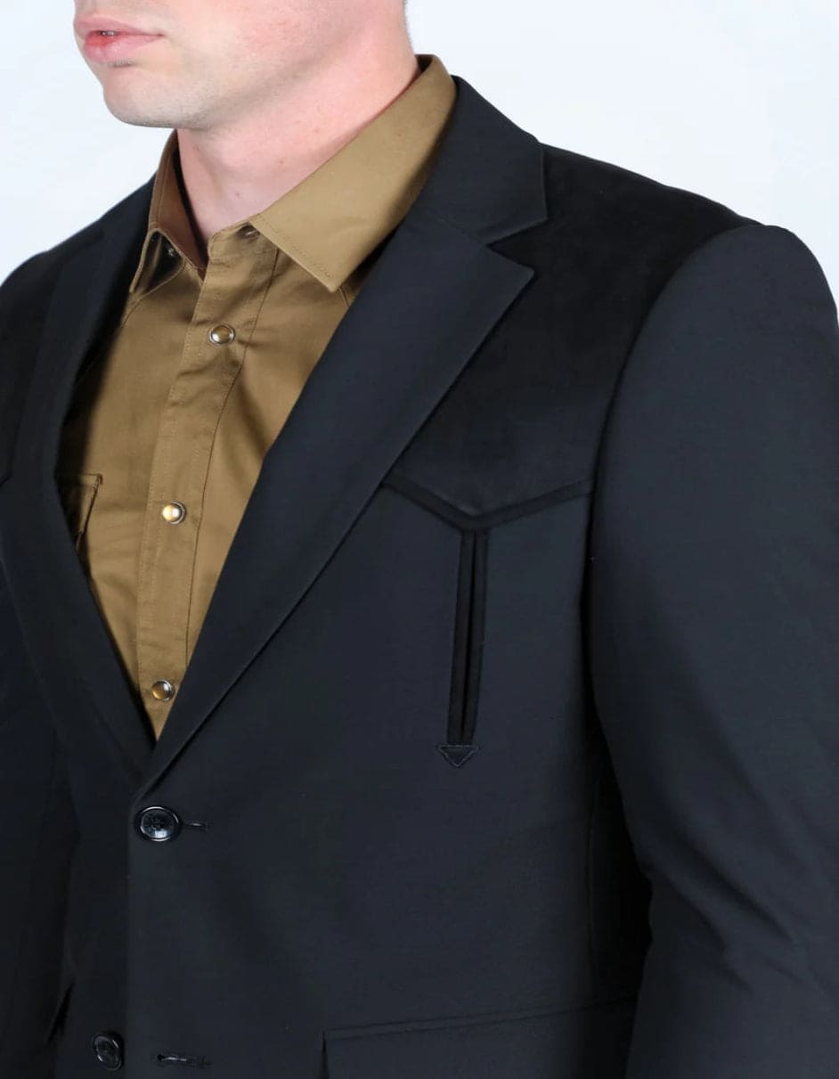 Men's Western Black Suit Sport Coat with Suede Yokes and Elbow Patches 4   - from alligatorwarehouse.com