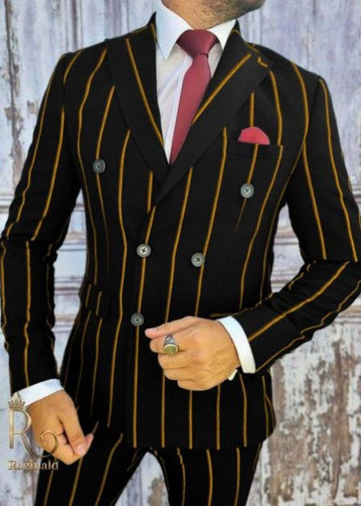 1920s Style Suit - Gangster Suit - Pinstripe Suit - Double Breasted Suits - Black And Gold Pinstripe 1   - from alligatorwarehouse.com