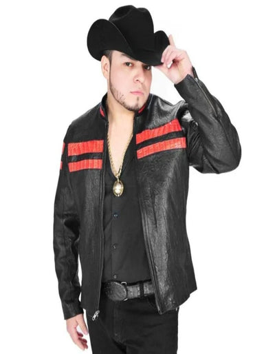 Fine Leather Black and Red Jacket with Crocodile Applications 1   - from alligatorwarehouse.com