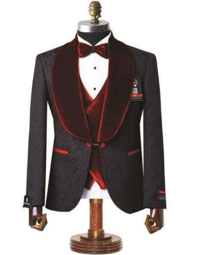 Mens Black With Red Velvet Lapel 3-Piece Tailored-Fit Tuxedo 4   - from alligatorwarehouse.com