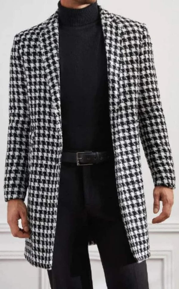 Men Houndstooth Lapel Collar Single Breasted Tweed Fabric Overcoat