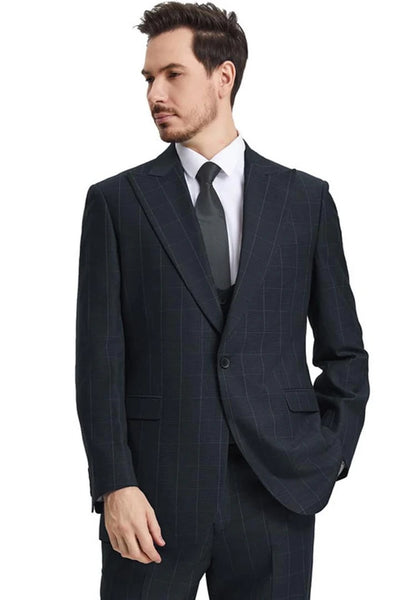 Men's Stacy Adams Peak Lapel Black Windowpane Plaid Suit With A Scoop Neck Vest 1 VX-0821  - from alligatorwarehouse.com