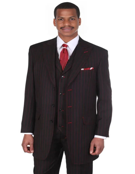 Pleated?ÿDress?ÿMen?ÿSuits - Mens Vintage Vested Gangster Bold Pinstripe Fashion Black and Red Suit