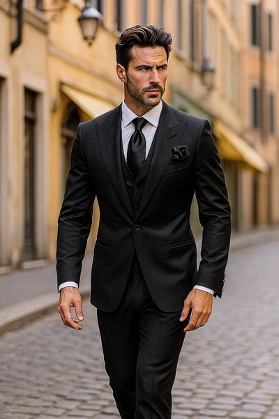 Suits With Baggy Pleated Pants - Wide Leg Pants 100% Wool - Classic Fit in Black Color by Rossiman 8   - from alligatorwarehouse.com