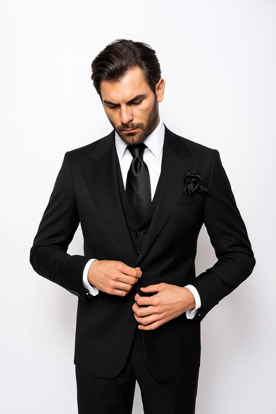 Suits With Baggy Pleated Pants - Wide Leg Pants 100% Wool - Classic Fit in Black Color by Rossiman 5   - from alligatorwarehouse.com