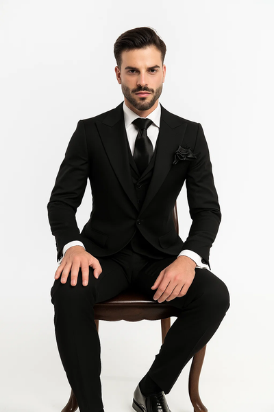 Suits With Baggy Pleated Pants - Wide Leg Pants 100% Wool - Classic Fit in Black Color by Rossiman 6   - from alligatorwarehouse.com