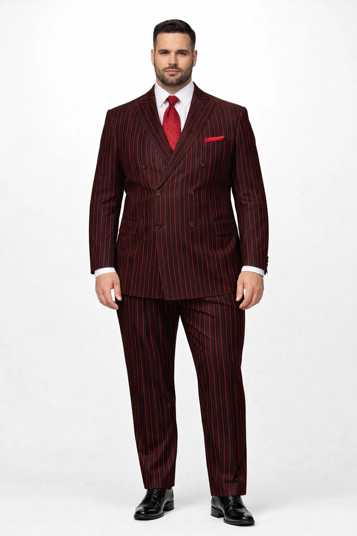 Black and Red Pinstripe Double breasted Suit - 100% Wool Modern Fit Side Vents by Statement brand