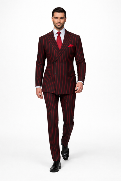 Black and Red Pinstripe Double breasted Suit - 100% Wool Modern Fit Side Vents by Statement brand