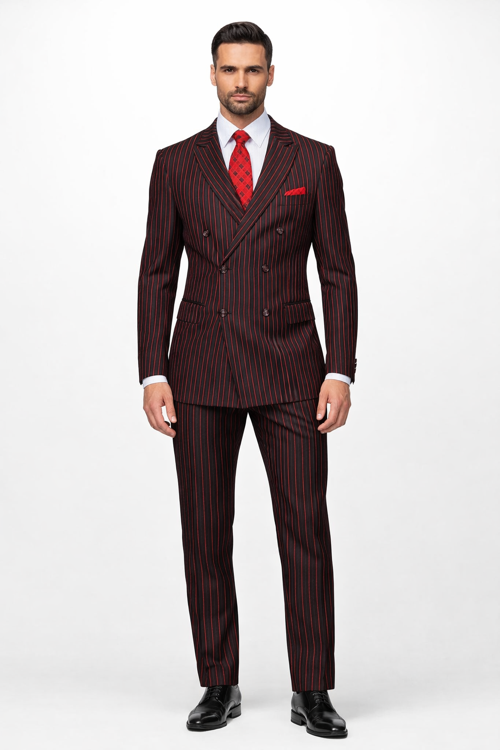Black and Red Pinstripe Double breasted Suit - 100% Wool Modern Fit Side Vents by Statement brand