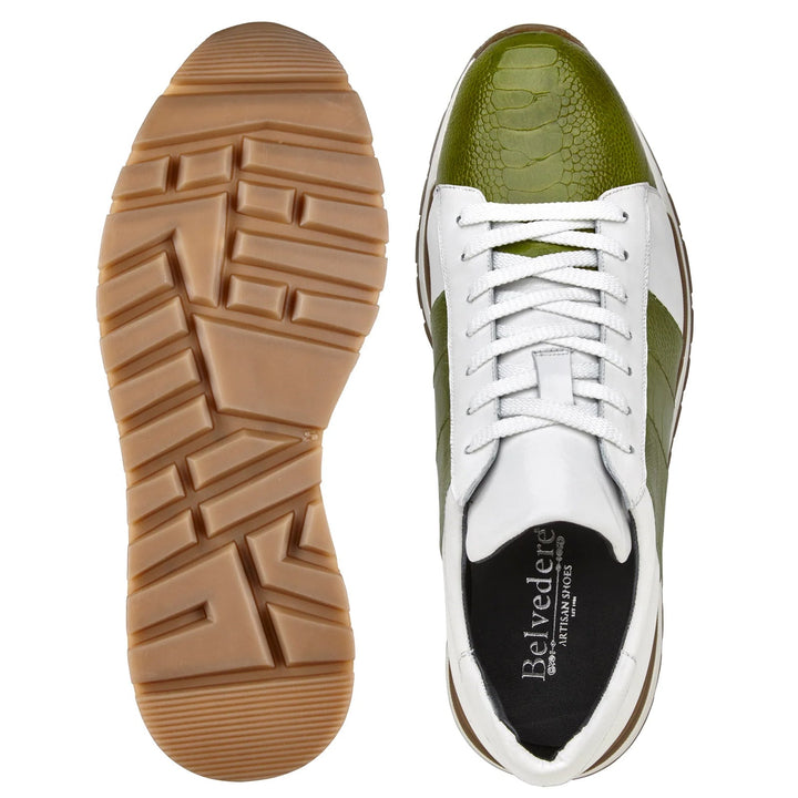 Men's Belvedere Blake Calf & Ostrich Leg Dress Sneaker in Lime Green & White 3 MEN 33629 LIME/WHITE-M-09  - from alligatorwarehouse.com