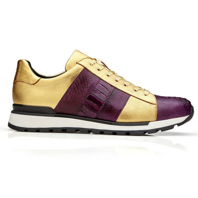 Men's Belvedere Blake Calf & Ostrich Leg Dress Sneaker in Purple & Gold 1 MEN 33629 PURPLE/GOLD-M-09  - from alligatorwarehouse.com