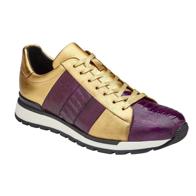 Men's Belvedere Blake Calf & Ostrich Leg Dress Sneaker in Purple & Gold 2 MEN 33629 PURPLE/GOLD-M-09  - from alligatorwarehouse.com