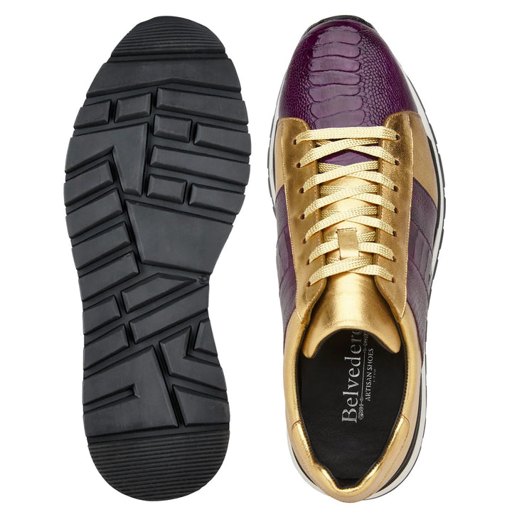 Men's Belvedere Blake Calf & Ostrich Leg Dress Sneaker in Purple & Gold 3 MEN 33629 PURPLE/GOLD-M-09  - from alligatorwarehouse.com