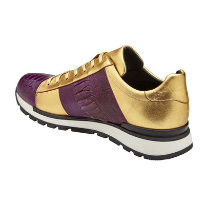 Men's Belvedere Blake Calf & Ostrich Leg Dress Sneaker in Purple & Gold 4 MEN 33629 PURPLE/GOLD-M-09  - from alligatorwarehouse.com