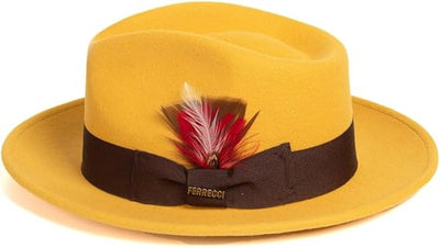Gangster 100% Austrailian Wool Crushable Mens Fedora Hat - Removable Feather Gangster Mustard Mens Fedora Hat 1   - from alligatorwarehouse.com