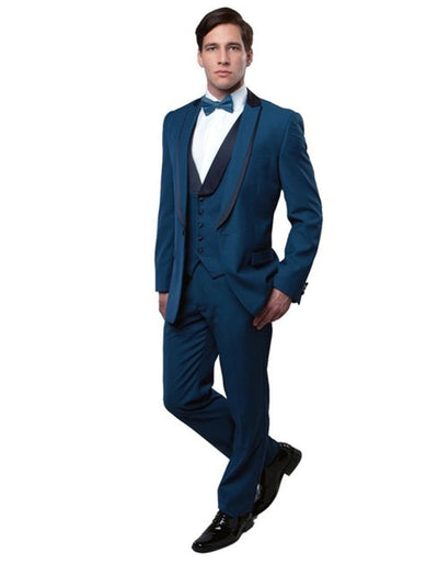 Mens Vested 1 Button Navy Wool Trim Peak Tuxedo 1 8O-6076  - from alligatorwarehouse.com