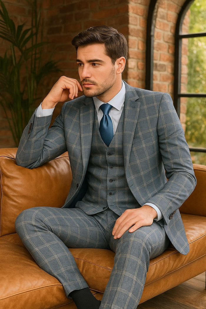Mens Blue Windowpane Checkered Slim Fit Suit ƒ?? 3 Piece Stretch Business Suit