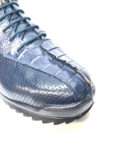 Los Altos Navy Blue Perforated Crocodile Tail Sneakers 5   - from alligatorwarehouse.com
