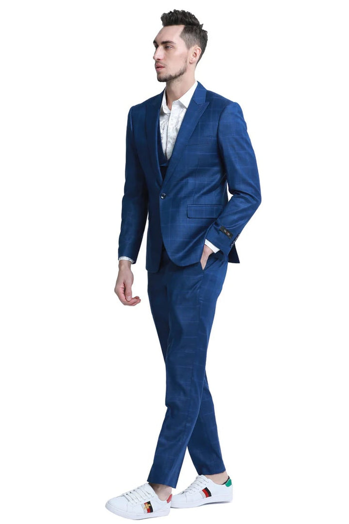 Cheap Suit - Men's One Button Fit Double Breasted Vest  Blue Plaid Suit