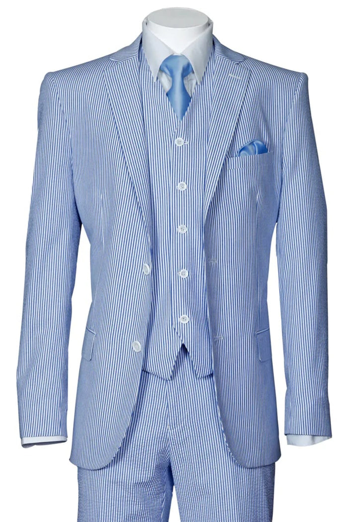 Mens 2 Button Jacket + Pants Summer Seersucker Blue Suit