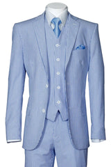 Mens 2 Button Vested Summer Seersucker Blue Suit