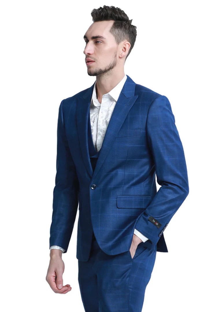 Cheap Suit - Men's One Button Fit Double Breasted Vest  Blue Plaid Suit