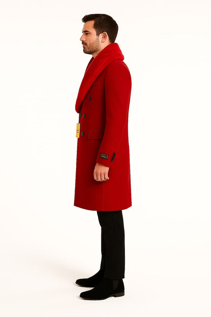 Mens Double Breasted Red Overcoat with Bold Red Faux Fur Collar – Alberto Nardoni Luxury Winter Coat