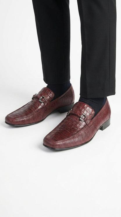 Los Altos Men’s Burgundy Crocodile Lizard Metal Bit Loafers, Exotic Dress Shoes