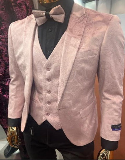 Pink Paisley Suit - Blush Color Slim Fitted Prom Suit With Bowtie Vest and Black Pants 2   - from alligatorwarehouse.com