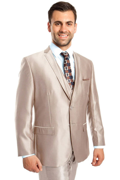 Men's Two Button Vested Shiny Sharkskin Wedding & Prom Fashion Suit in Champagne Light Tan 1 YX-0406  - from alligatorwarehouse.com