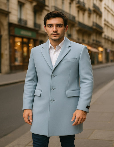 Men’s Light Blue Wool Overcoat – Classic Single-Breasted Long Coat - Sky Blue Carcoat Wool Fabric 1   - from alligatorwarehouse.com