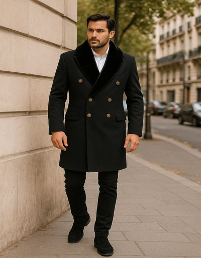 Men’s Black Double-Breasted Overcoat with Faux Fur Collar and Gold Buttons 1   - from alligatorwarehouse.com